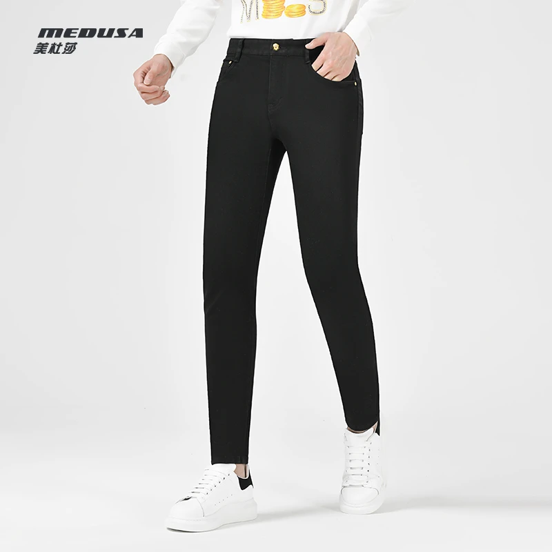 【加绒】MeduSa美杜莎牛仔裤秋冬新款男士休闲时尚潮流黑色长裤6066