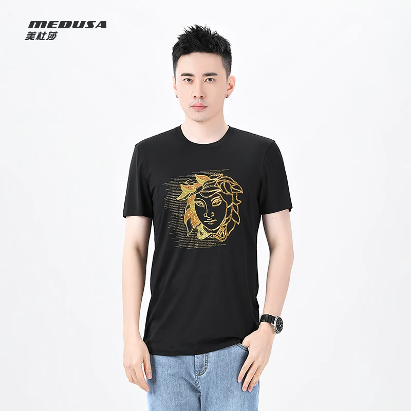 MeduSa/美杜莎t恤男装2025夏季商务休闲烫钻时尚圆领短袖男 23101