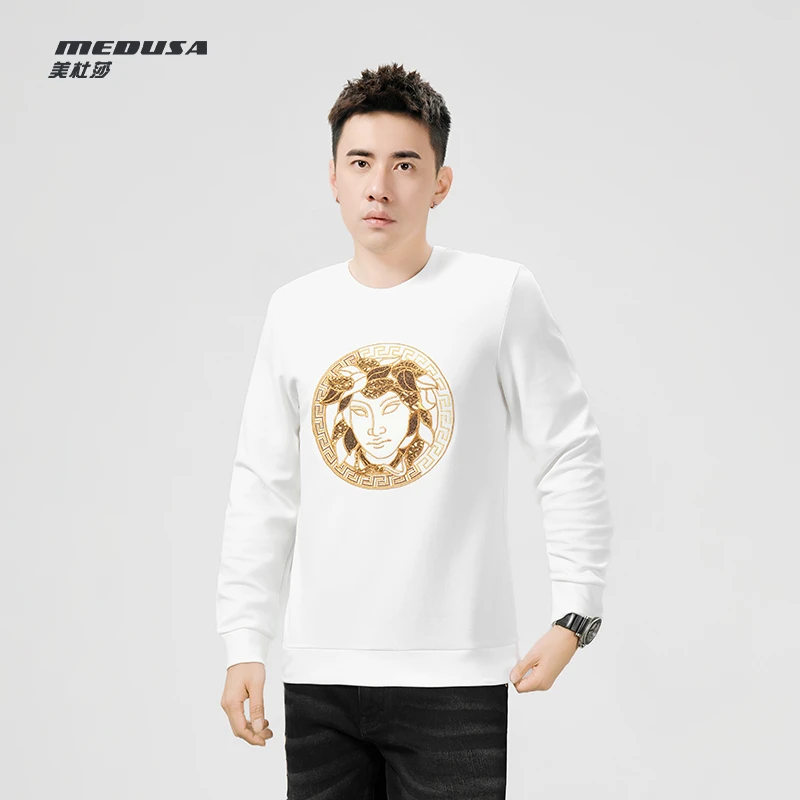 MeduSa/美杜莎卫衣男秋冬新款休闲刺绣男士圆领加绒长袖上衣23154