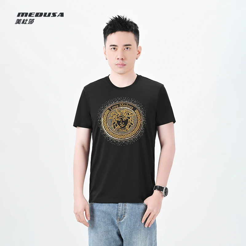 MeduSa/美杜莎夏季短袖男装烫钻休闲透气新品时尚圆领t恤男23114