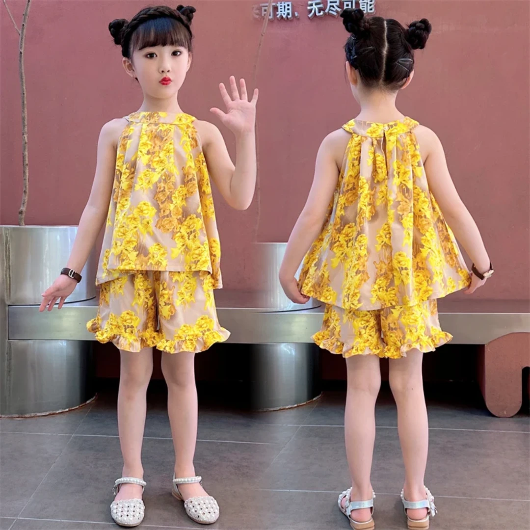 女童无袖碎花裙套装夏季挂脖背心裙网红套装女孩薄款洋气两件套