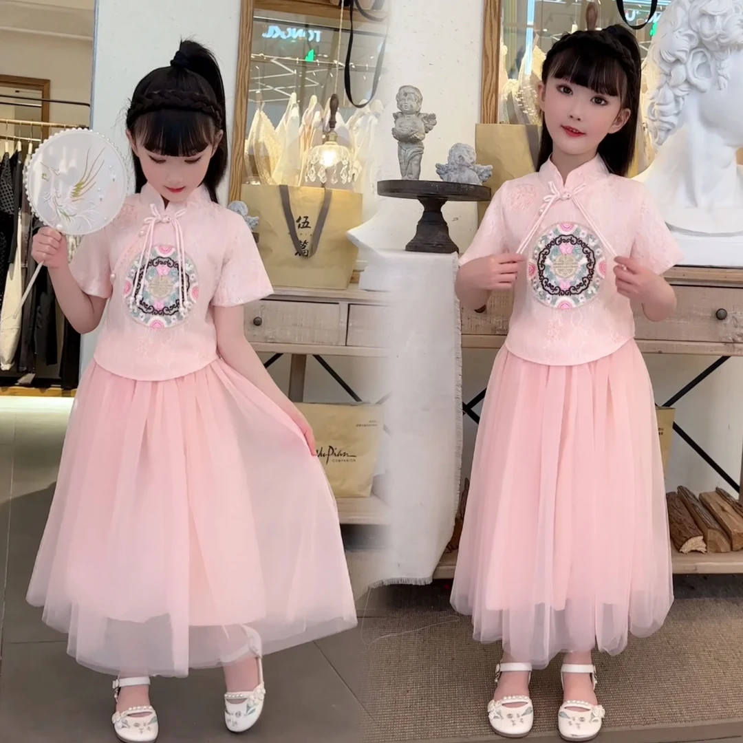 女童国风短袖半身裙套装2025夏款唐装公主纱裙汉服古风新中式夏装