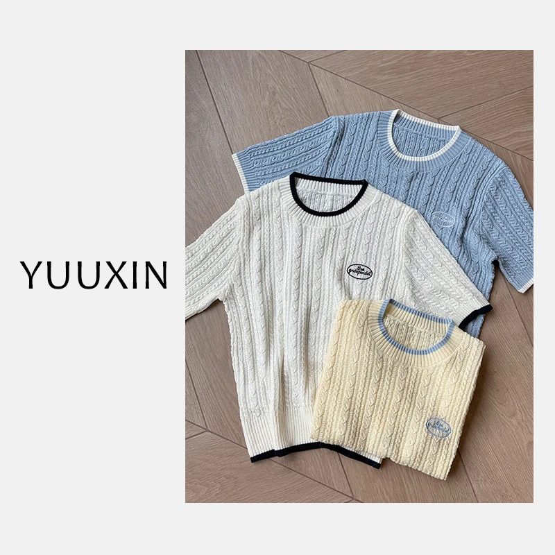 【YUUXIN】撞色字母针织短袖~夏季款撞色圆领麻花针织短袖T恤X