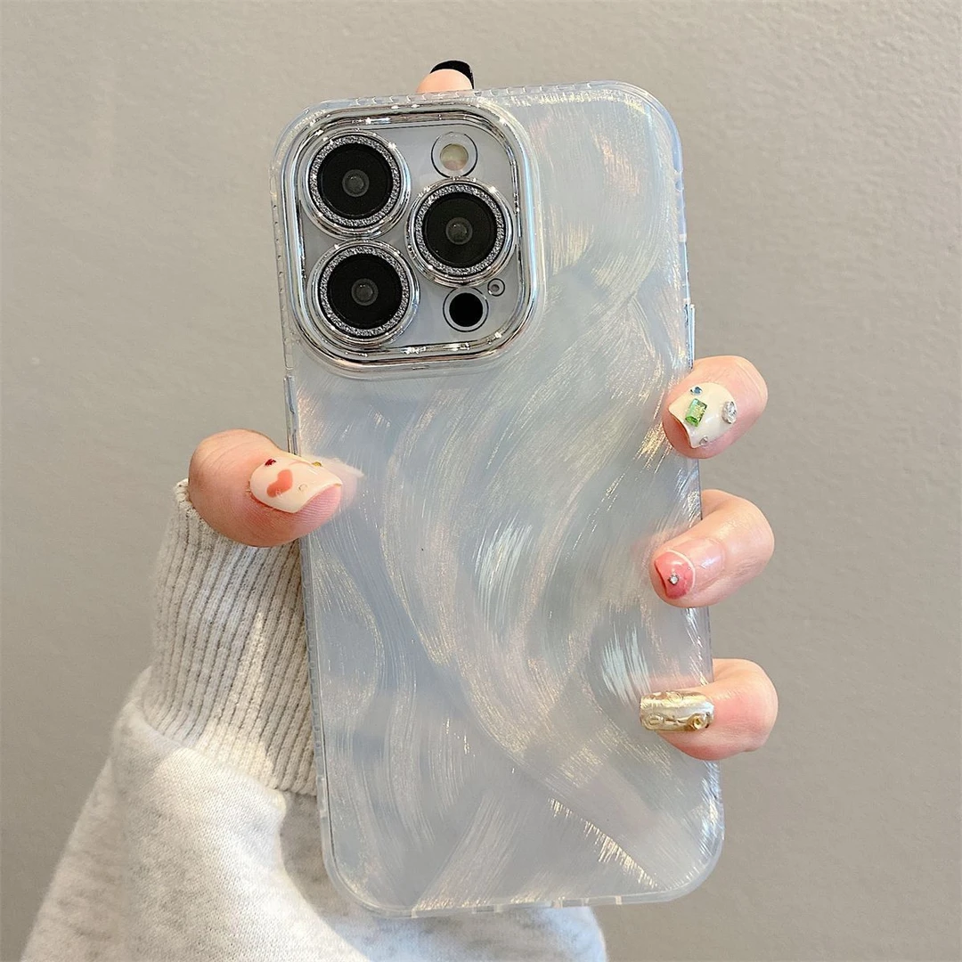 简约羽纱银苹果13手机壳iPhone15小众14镭射11气囊12promax防摔软