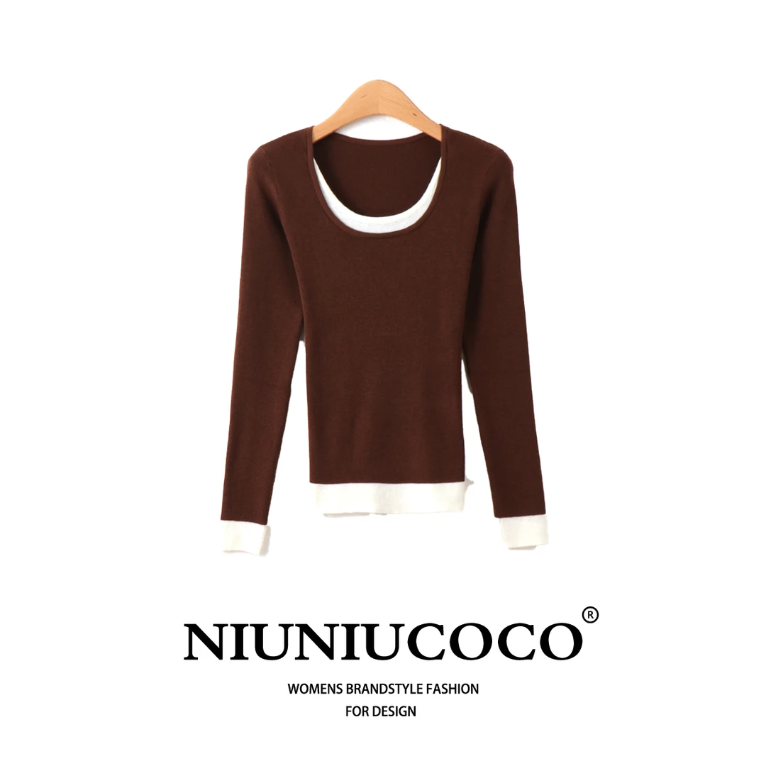 拼色假两件针织衫秋季新款洋气修身百搭打底衫H880