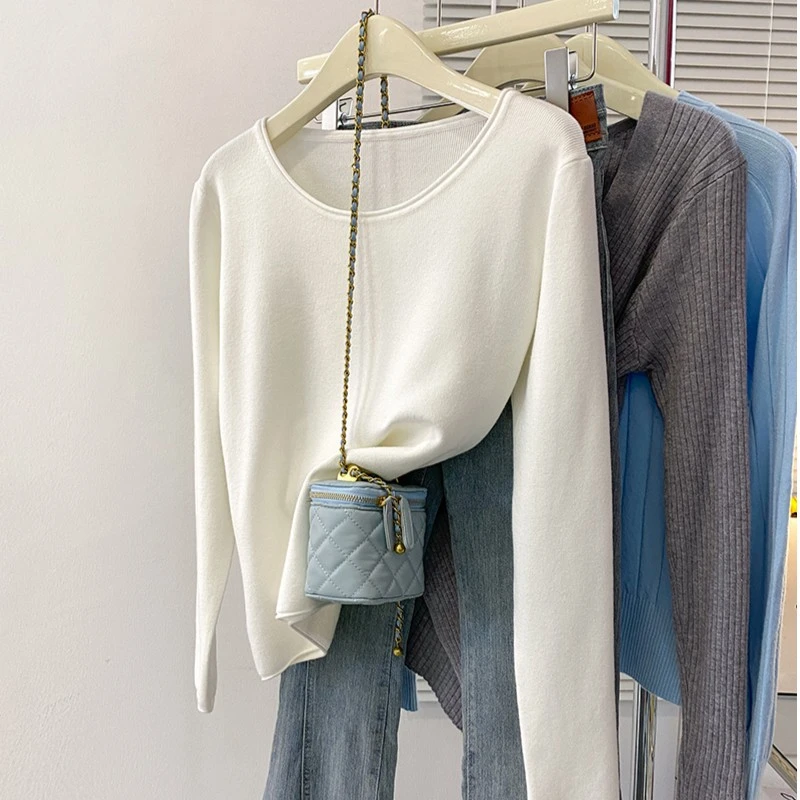 白色毛衣针织衫女2023新款秋冬百搭长袖上衣小香风外套内搭打底衫