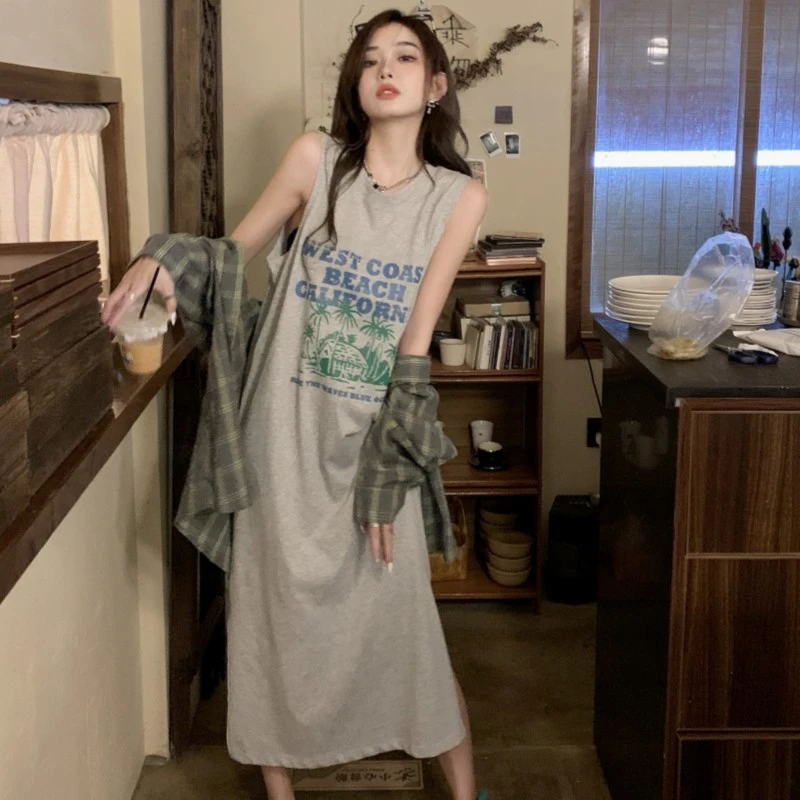 港风纯棉灰色无袖连衣裙女复古宽松开叉显瘦休闲内搭懒人T恤裙夏