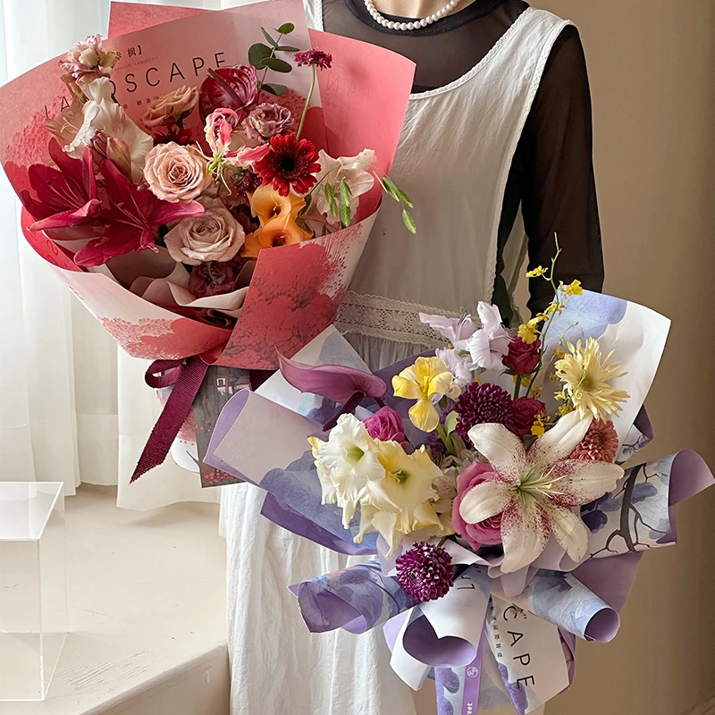 复古国风草木山川水墨画风华纸国潮鲜花花束包装纸花店用品资材