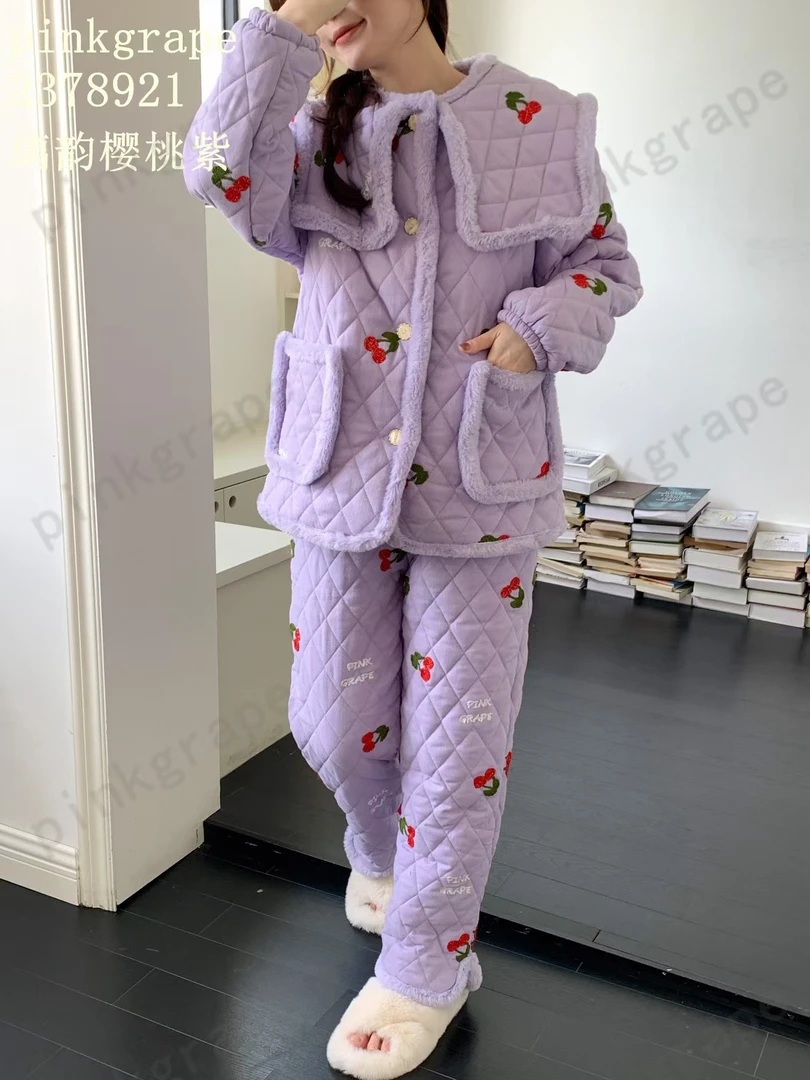 pinkgrape女冬季三层加厚保暖棉睡衣轻奢小众娃娃领外穿家居服