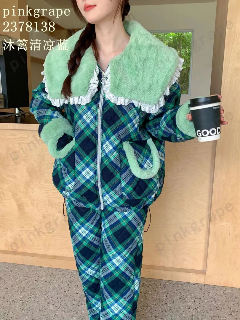 pinkgrape女士秋冬三层保暖加厚棉睡衣拉链面包服外穿家居服