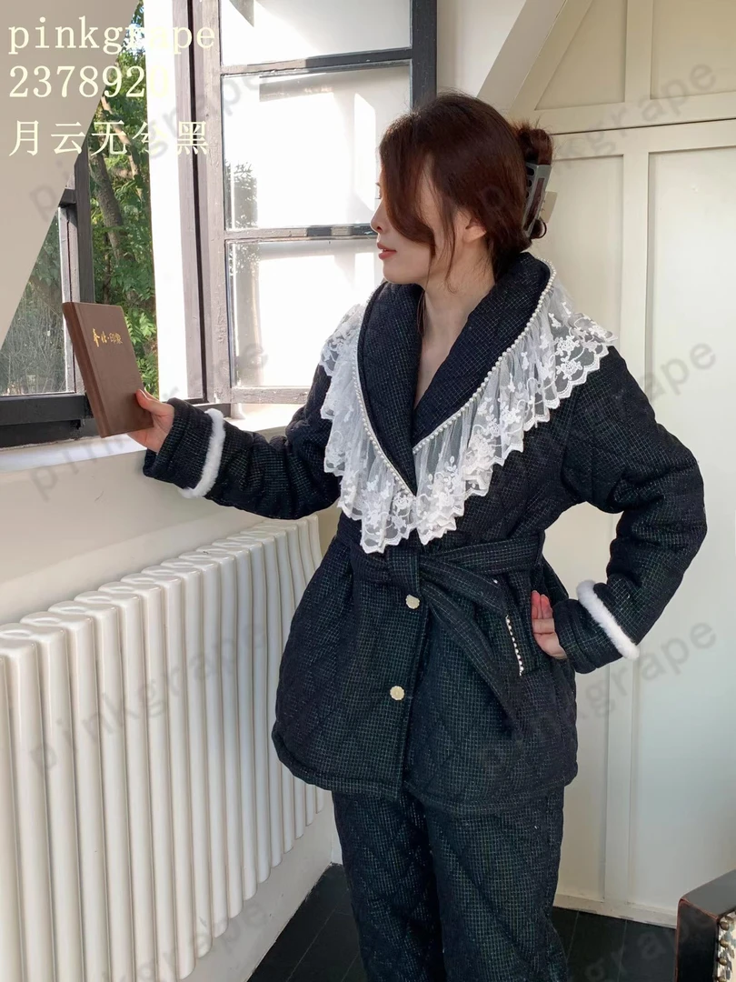 pinkgrape女冬季加厚保暖睡衣时尚减龄蕾丝珍珠高级感精致家居服