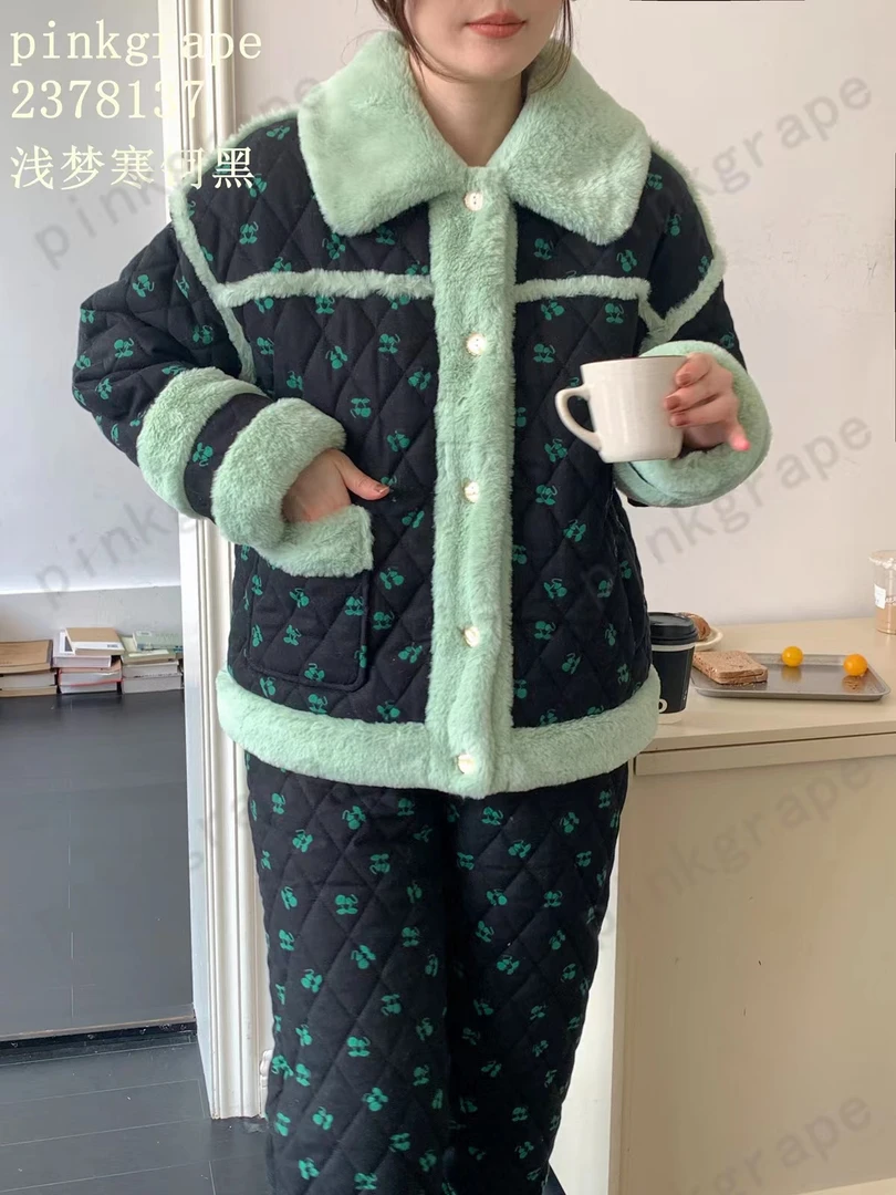 pinkgrape秋冬女士三层夹棉加厚保暖睡衣外穿时尚减龄加绒家居服