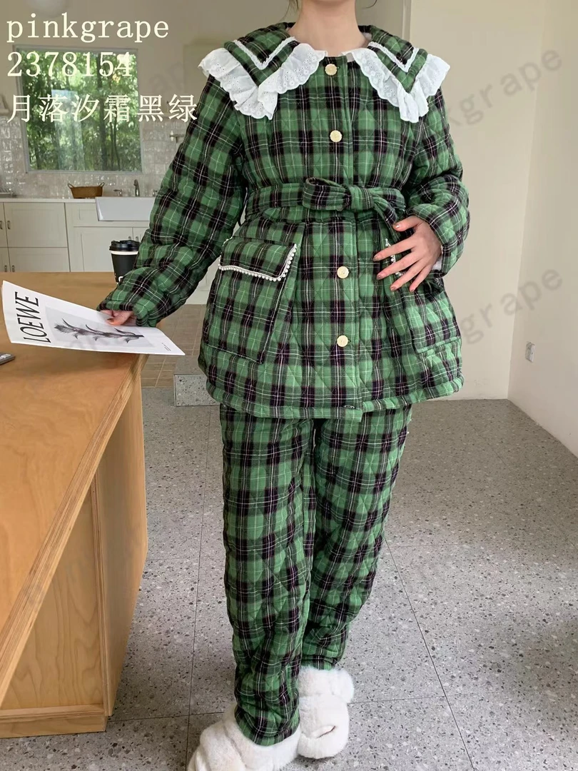 pinkgrape孕妇冬季夹棉加厚家居服加绒翻领韩版胖人三层厚睡衣