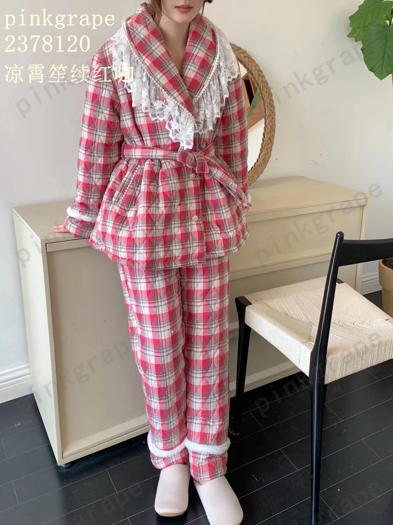 pinkgrape女冬季三层加厚夹棉加绒格子保暖睡衣带帽外穿家居服