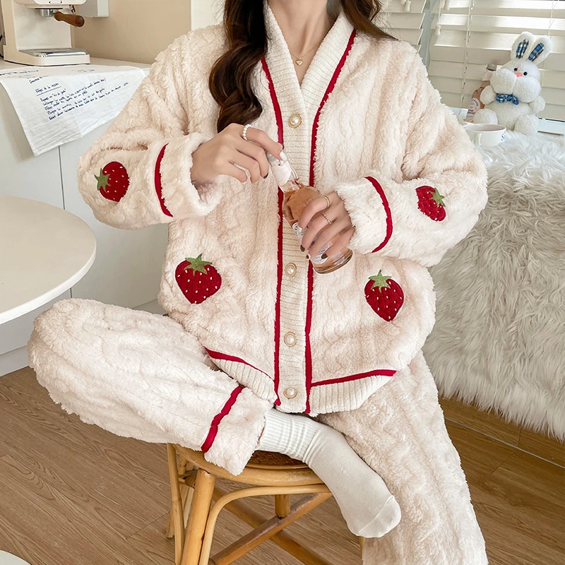 孕妇睡衣女秋冬季加绒加厚珊瑚绒产后产妇哺乳月子服10月份11套装