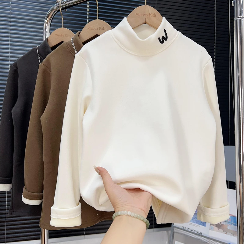 男童加绒打底衫冬季中大童半高领加厚上衣儿童一体绒百搭长袖T恤