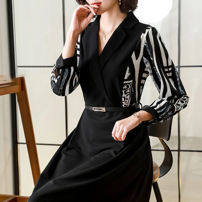 宝藏衣橱【送腰带】气质西装领修身连衣裙显瘦V领过膝中长裙8902