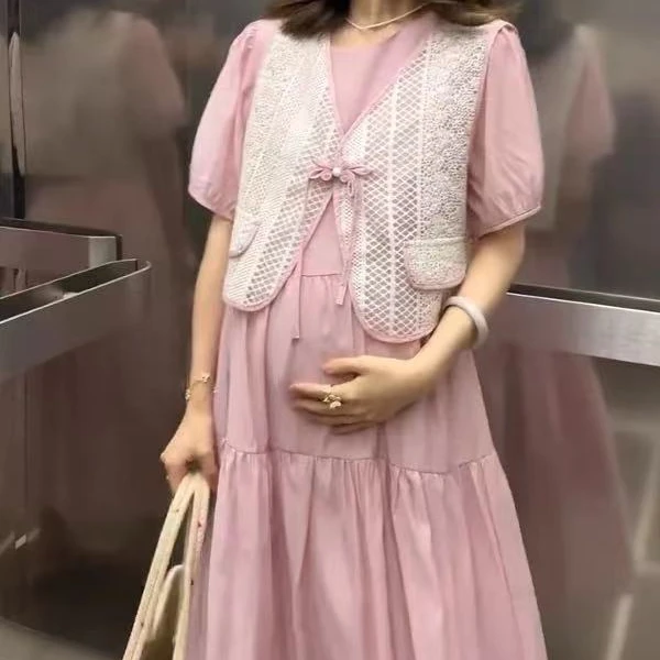大码孕妇夏季中长款连衣裙短袖圆领镂空假两件新款时尚显瘦88277