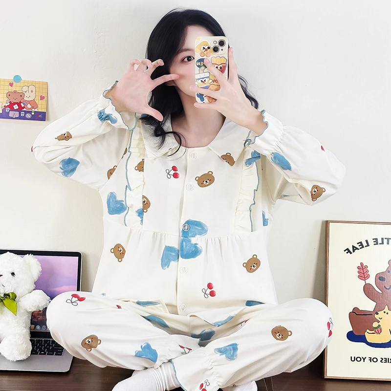 大码月子服春秋冬产后纯棉孕妇产妇哺乳睡衣家居服套装9174