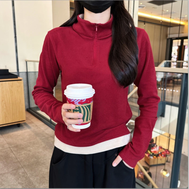 加厚秋冬双面德绒复合阳离子保暖立领卫衣百搭女士假两件绒衫女款