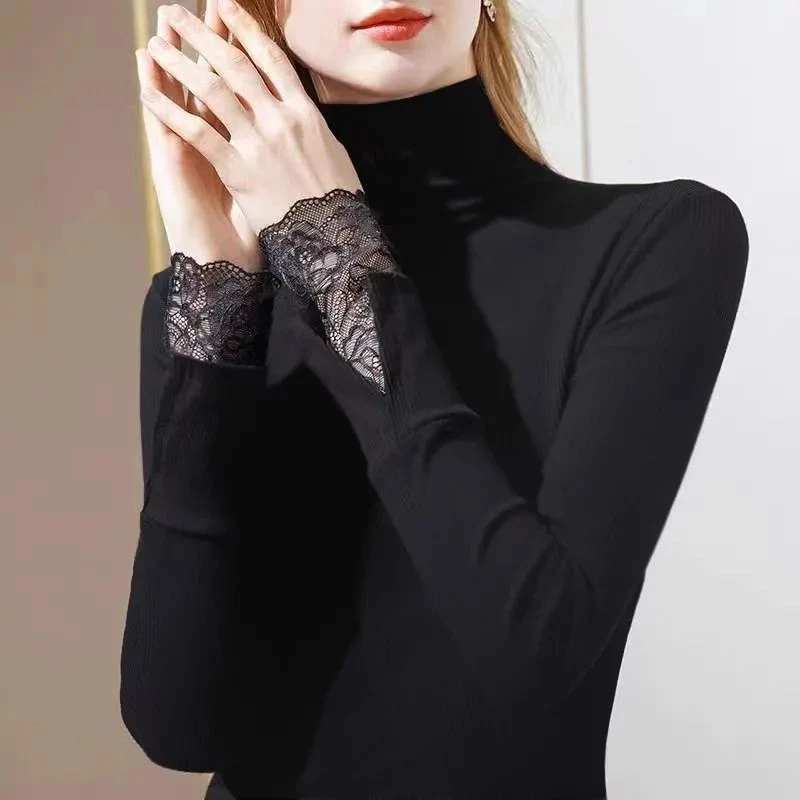 优雅蕾丝气质内搭条纹长袖T恤上衣正品双面德绒半高领打弹力