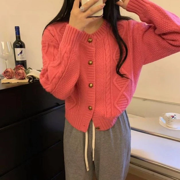 2023秋季新款针织衫女圆领纯色单排扣开衫韩系百搭宽松慵懒长袖