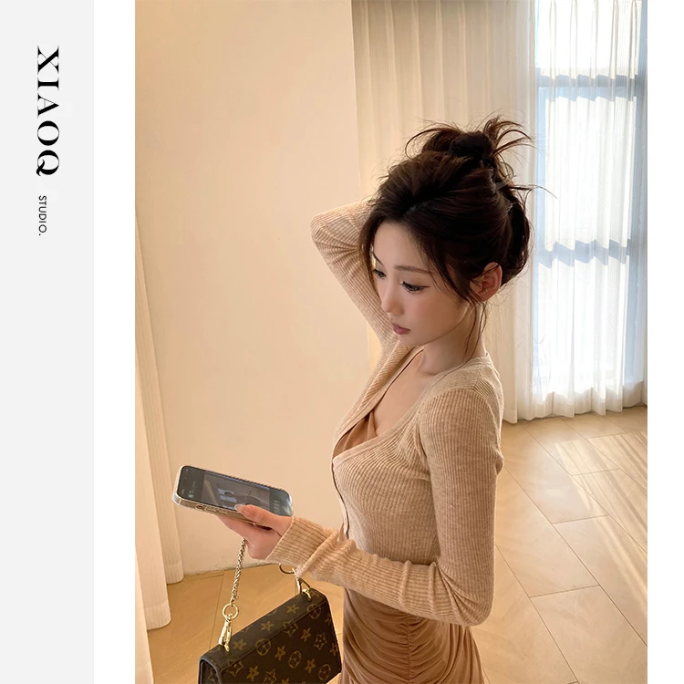 【小Q家】8238小众设计感冰丝V领针织开衫上衣T