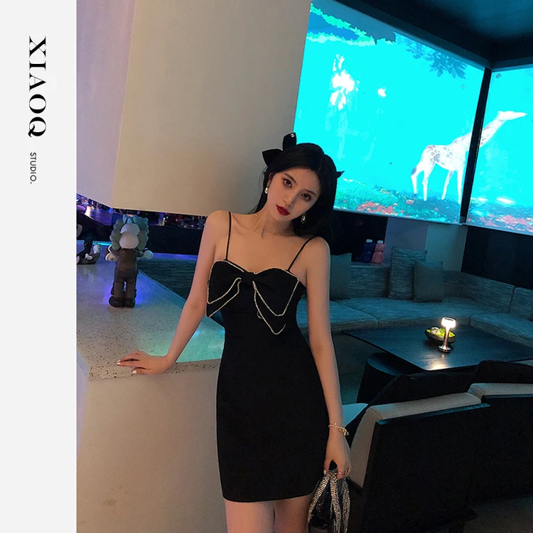 小Q家3626【傲然黑天鹅】镶边蝴蝶结时尚修身短款包臀聚会礼服T