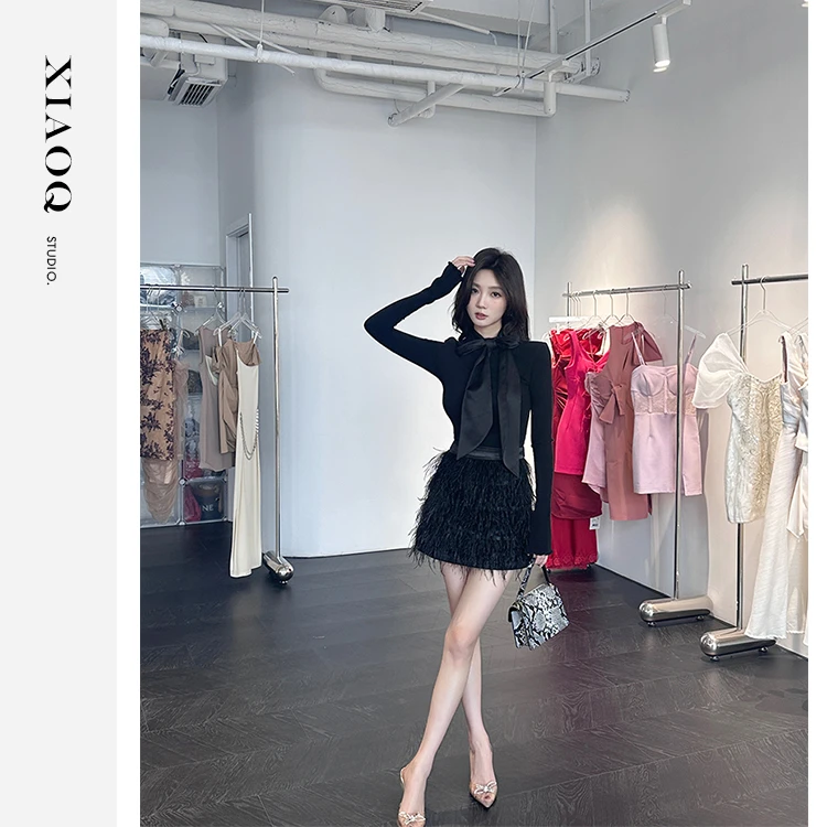 XIAOQ「蓬松华尔兹」黑色A字摆半身裙女高腰短裙奢华感四季34512T