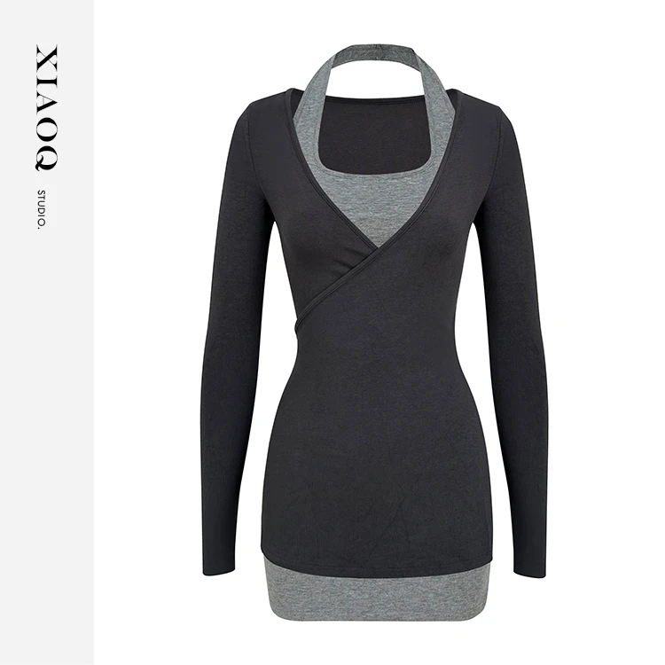 【小Q家】34588挂脖背心女辣妹修身V领针织女时尚两件套装