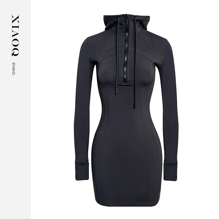 【小Q家】40404秋冬新款连帽修身弹力瑜伽连衣裙T