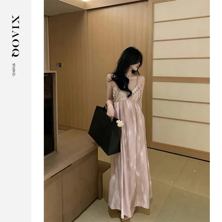 【小Q家】0305粉色优雅气质高腰吊带 连衣裙春夏连衣裙T