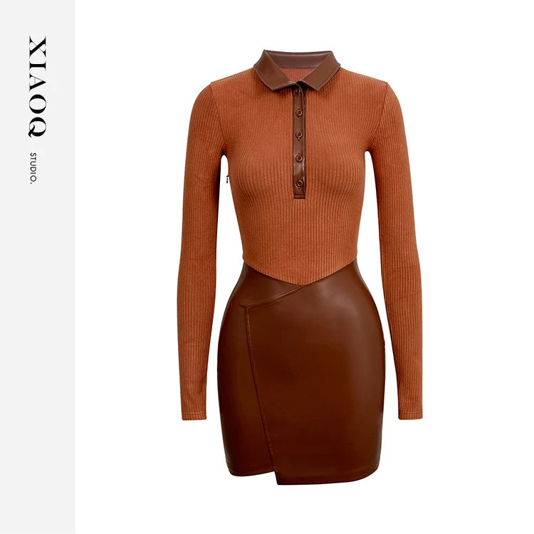 【小Q家】88845 假两件polo领绒感性感修身皮裙连衣裙T