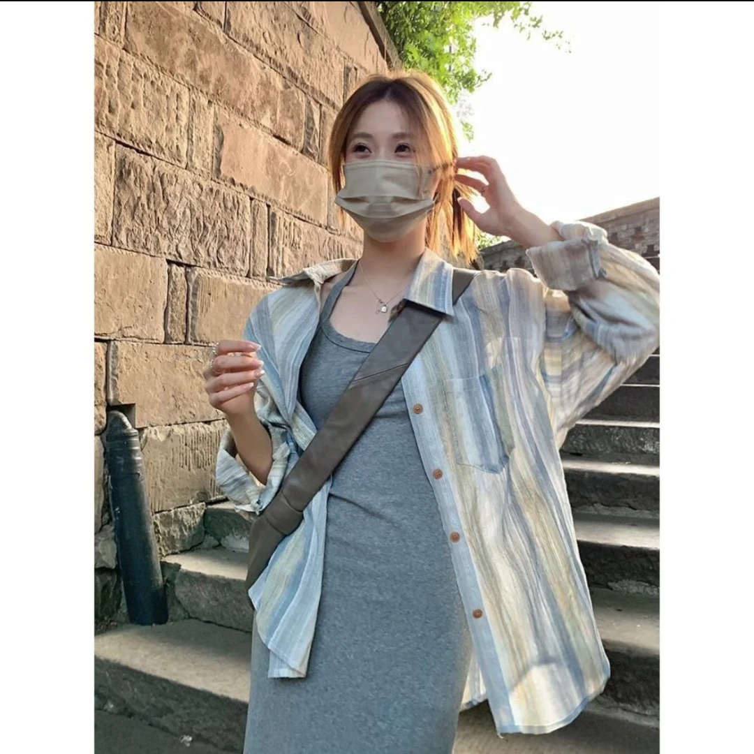 清仓时尚条纹衬衫长袖小清新长袖防晒女宽松显瘦薄外搭外套复古