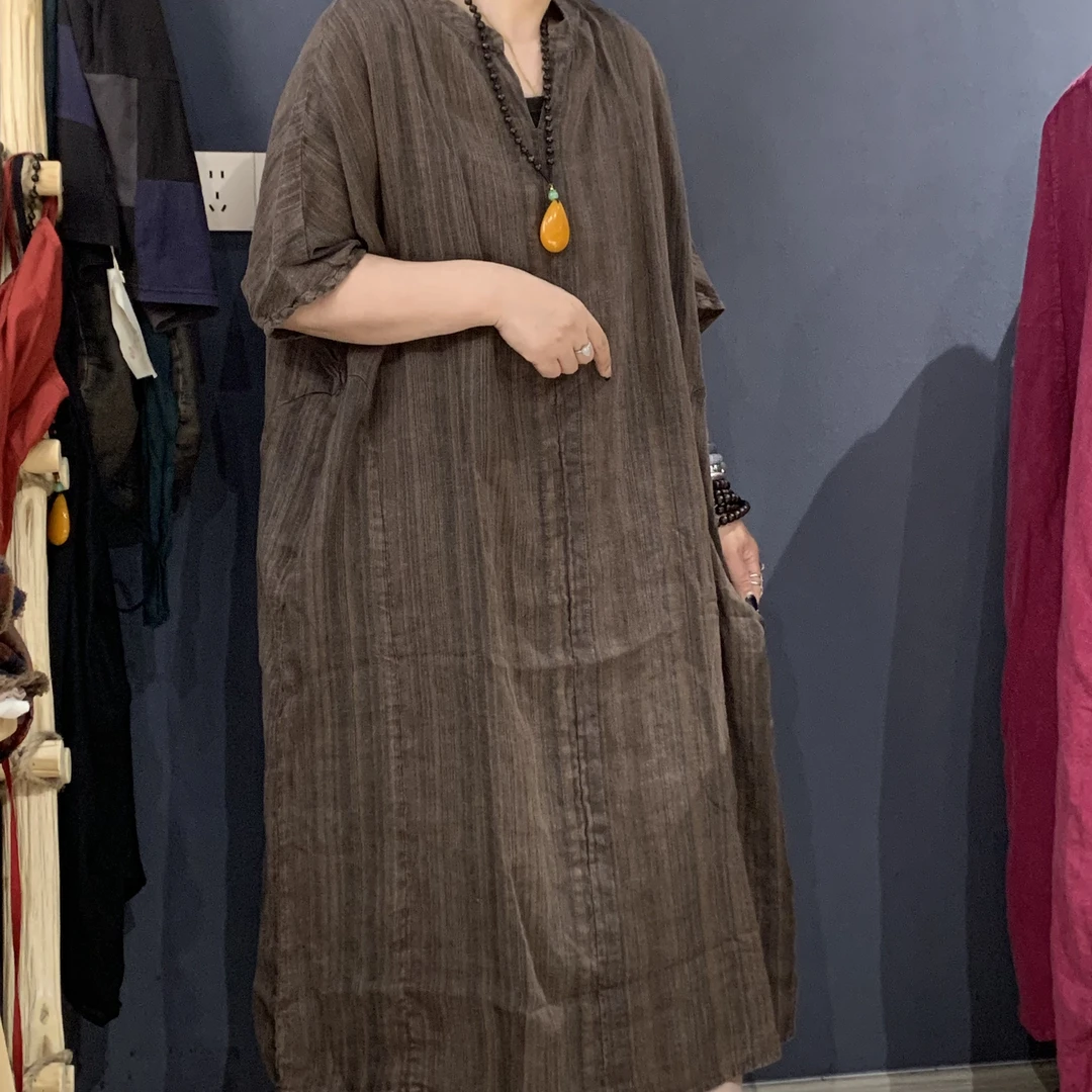 亚麻包边五分袖百搭个性条纹长袍