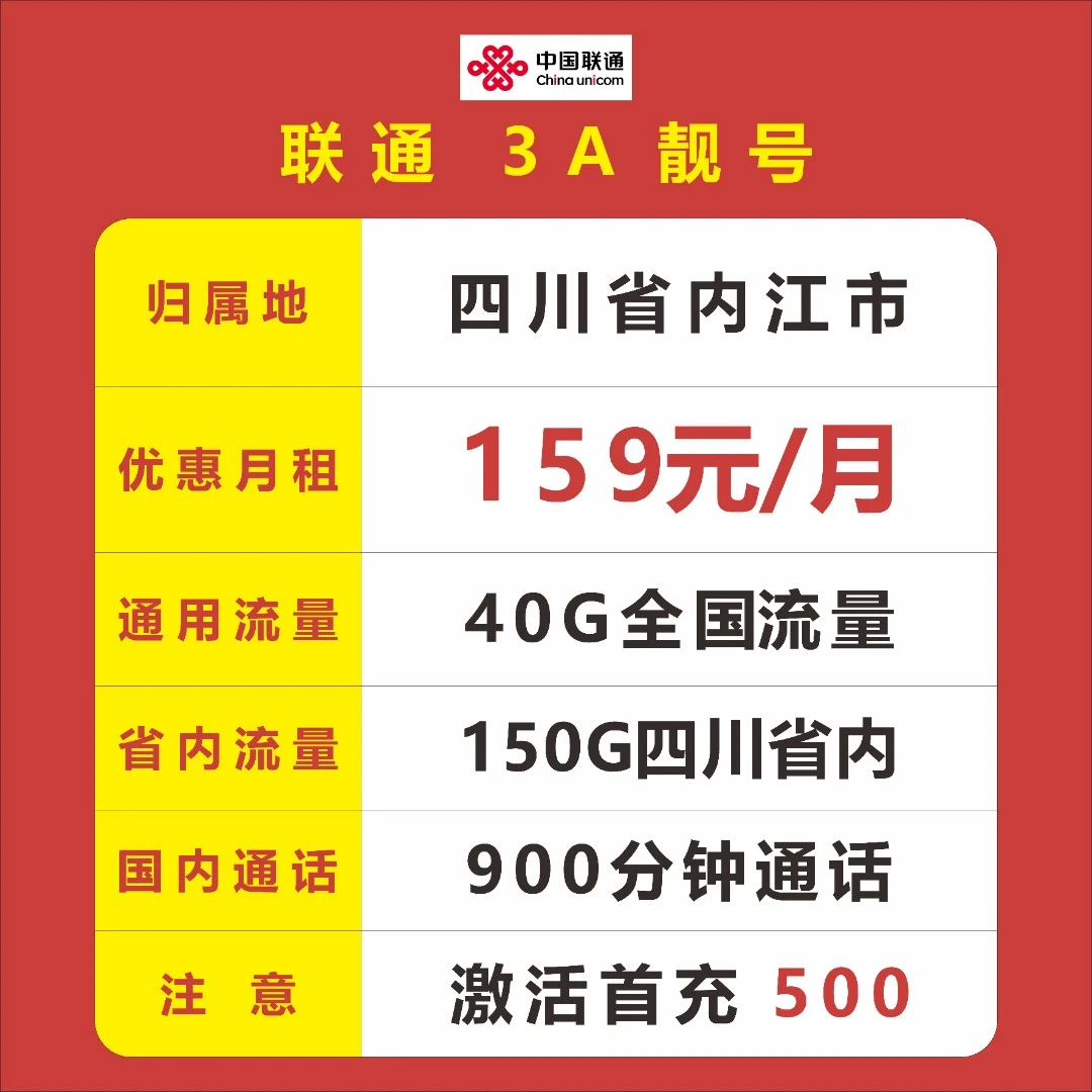 内江市-中国联通159元/月租40G全国流量150G省内流量900分钟通话