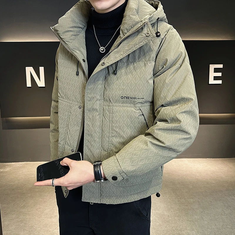 痞帅菱格羽绒服男2025新款冬季潮牌短款加厚连帽帅气男士冬装外套