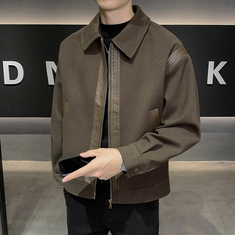 皮料拼接毛呢外套男士痞帅秋冬季2024新款潮牌高级感春秋呢子夹克