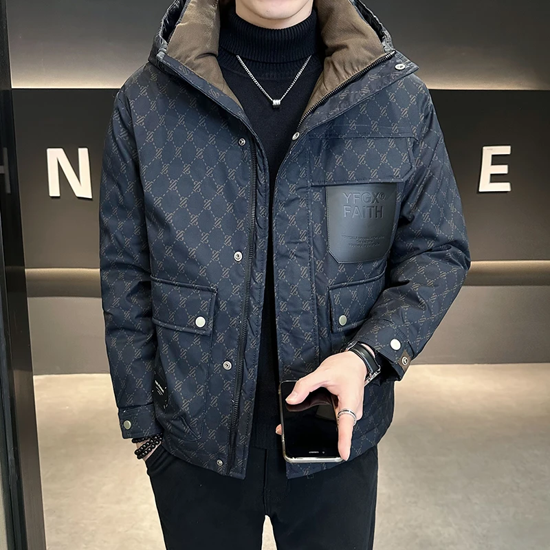 高级感羽绒服男士爆款冬季加厚连帽2024新款潮牌潮流格子工装外套