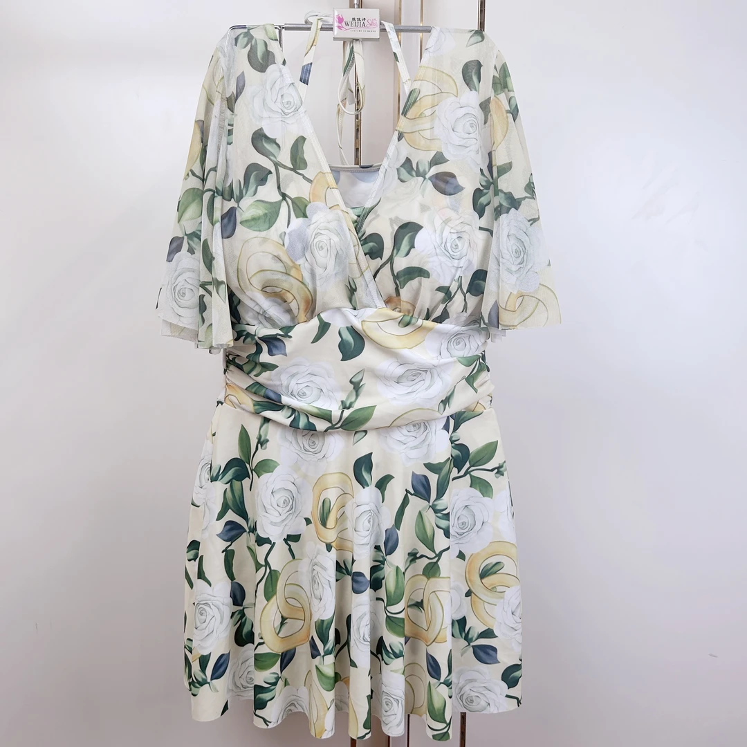 XR9414-2舒适性感亲肤时尚透气民族风印花长袖连体泳衣碎花大码