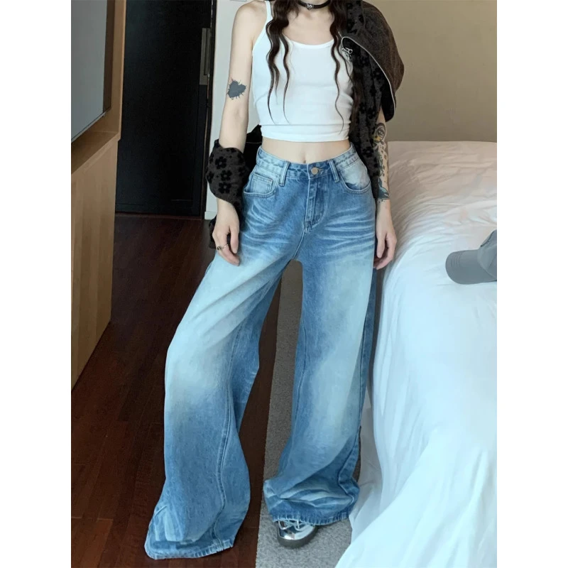 小个子加长美式高街阔腿牛仔裤女2025秋季高腰显瘦宽松直筒拖地裤