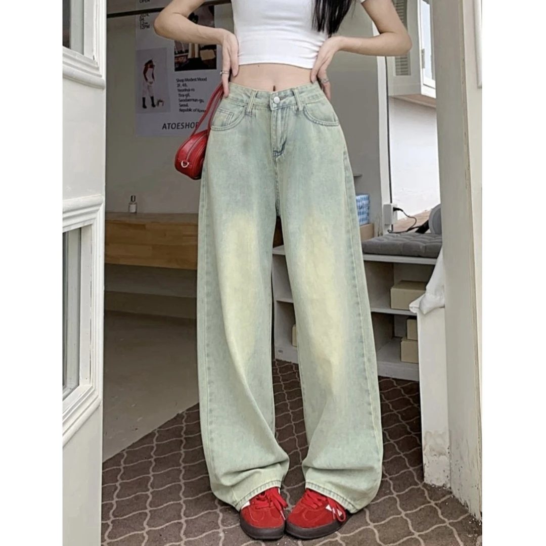 【八米运补】美式复古直筒牛仔裤女2025春季高腰宽松显瘦阔腿拖地裤