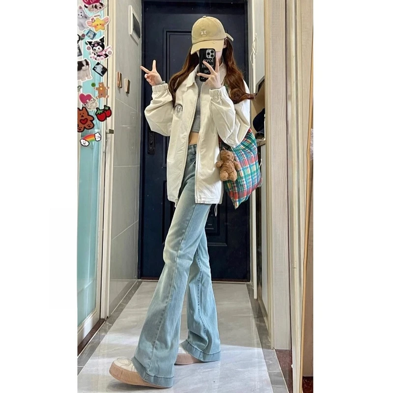 浅色水洗微喇叭牛仔裤女2025春季新款高腰修身显瘦百搭拖地马蹄裤