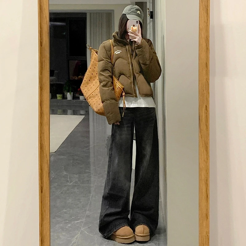 美式复古黑灰色高腰宽松阔腿牛仔裤女春秋垂感加长阔腿拖地长裤子