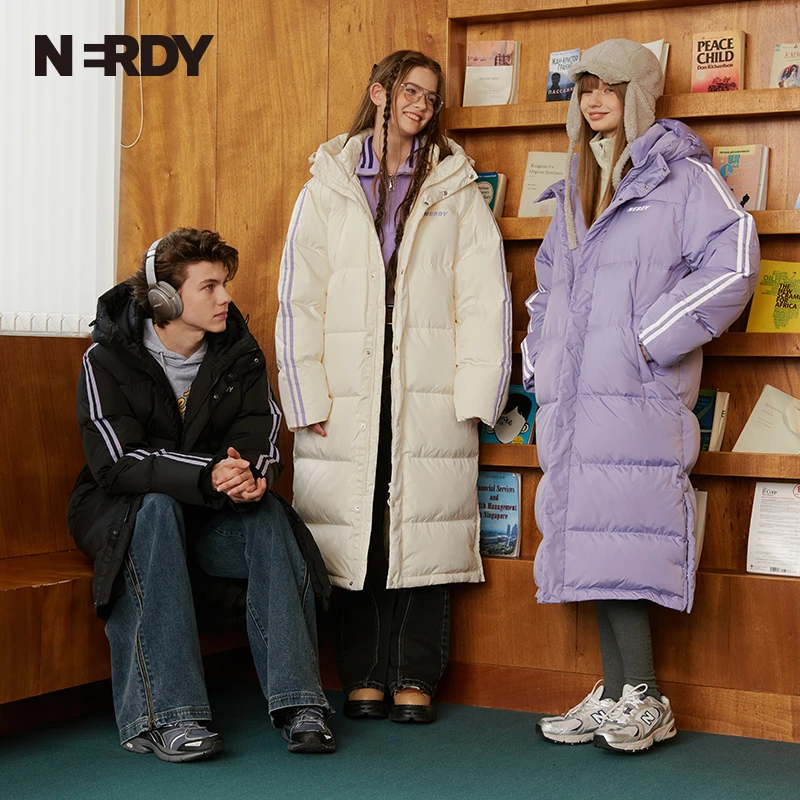 NERDY2024冬季情侣同款中长款连帽羽绒服宽松休闲热力感穿搭