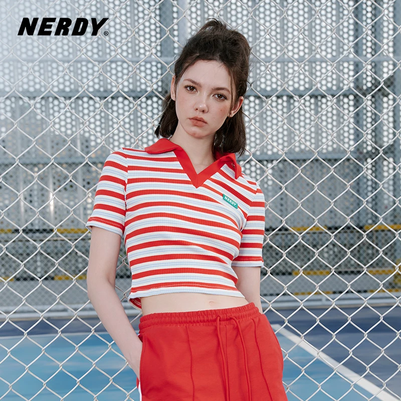 NERDY春夏新款撞色条纹短袖polo领修身显瘦t恤女