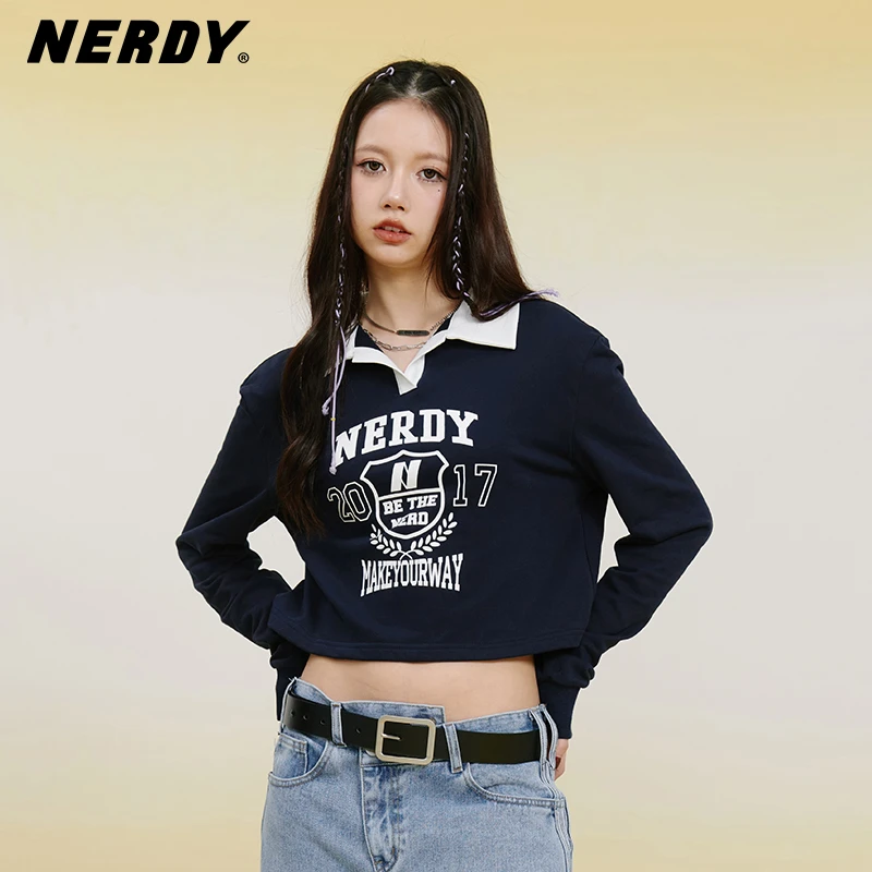 【官旗专享】NERDY2023印花拼接领甜辣短款POLO衫复古长袖上衣女