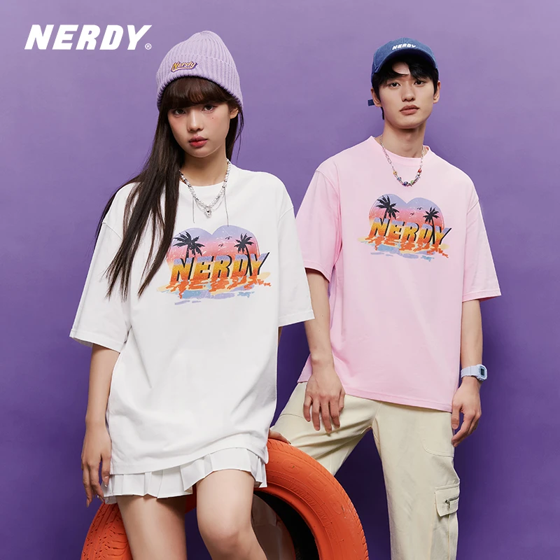 NERDY2024春夏新款爱心度假主题短袖T恤女宽松休闲女情侣情侣装