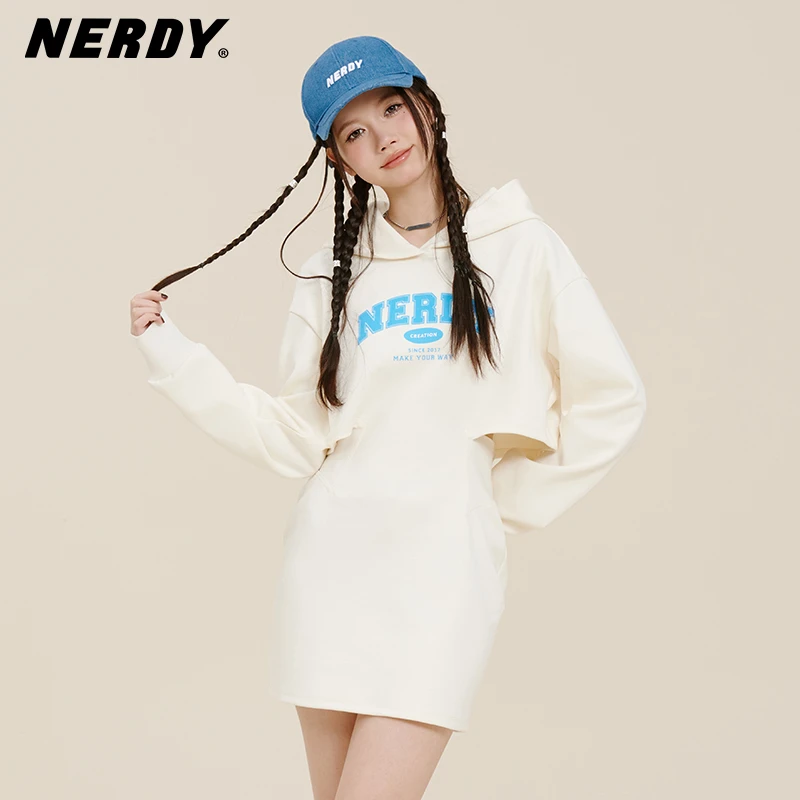 【官旗专享】NERDY2024春夏新款连帽收腰卫衣连衣裙logo印花裙子
