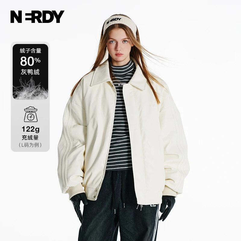 NERDY2024冬季宽松休闲翻领羽绒皮夹克外套情侣装羽绒服上衣女